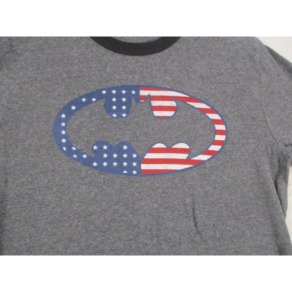 Batman Boys Gray Ringer T-Shirt American Flag Logo Short‎ Sleeve Size L 14/16